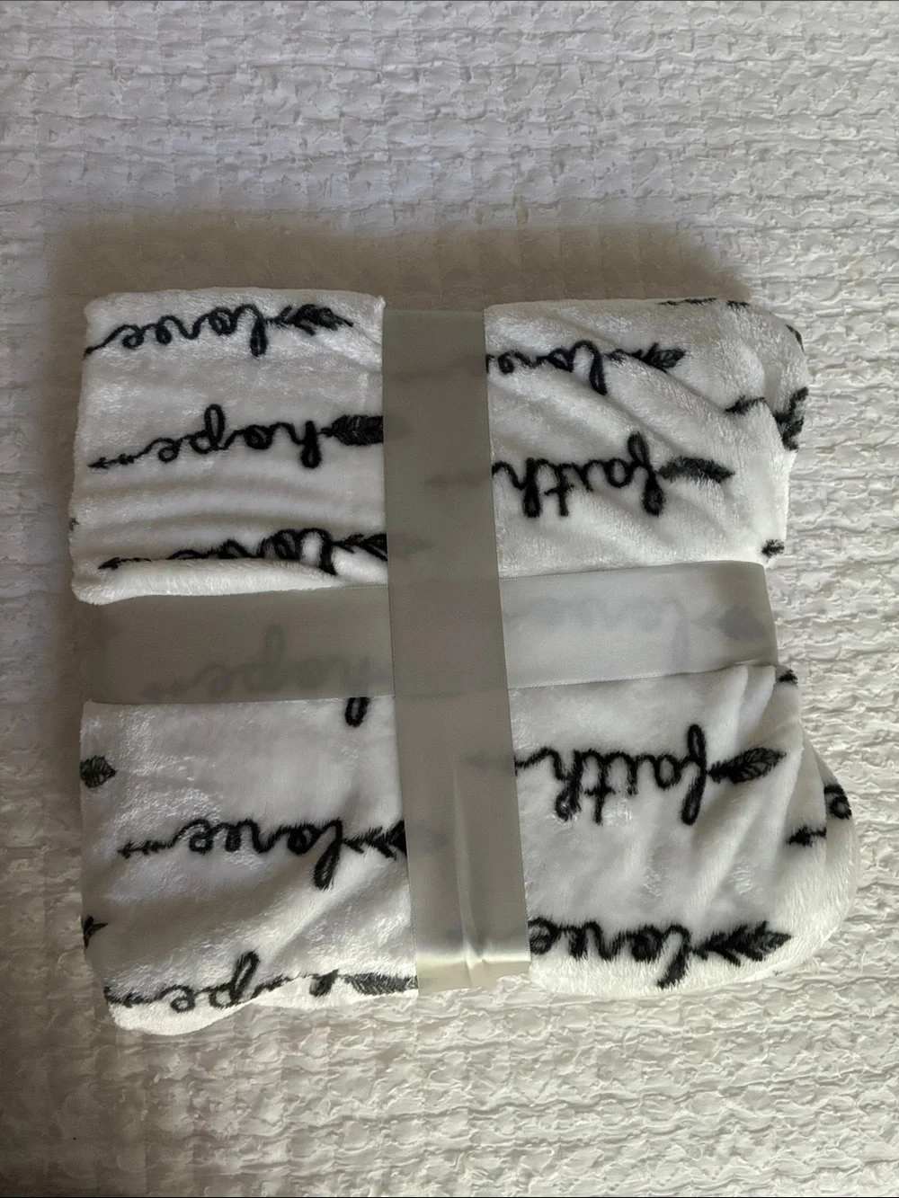 Plush White Throw Blanket with Black Script - Faith, Hope, & Love